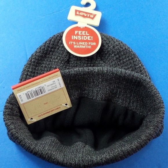 Levi's Men's Logo Beanie Hat Charcoal Fleece Lined - Picture 3 of 7